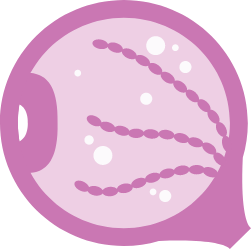 A purple eyeball icon with spots